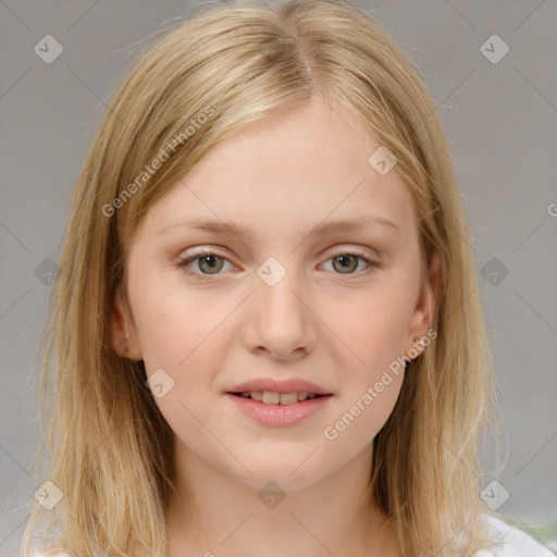 Joyful white young-adult female with medium  brown hair and blue eyes