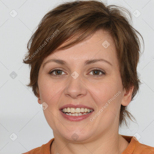 Joyful white young-adult female with medium  brown hair and brown eyes