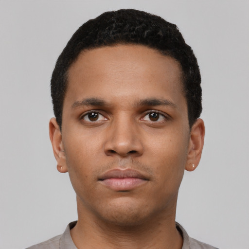 Neutral black young-adult male with short  black hair and brown eyes