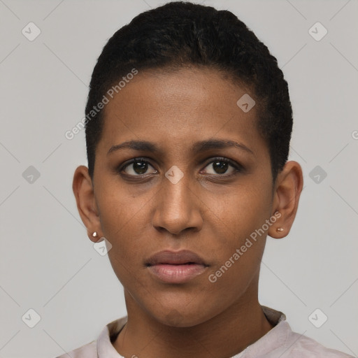 Neutral black young-adult female with short  brown hair and brown eyes