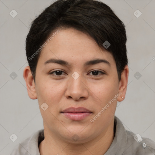 Joyful asian young-adult female with short  brown hair and brown eyes