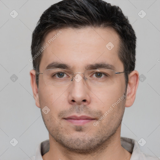 Neutral white young-adult male with short  brown hair and brown eyes