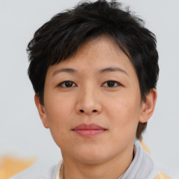 Neutral asian young-adult female with short  brown hair and brown eyes