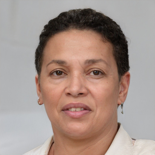 Joyful white adult female with short  brown hair and brown eyes