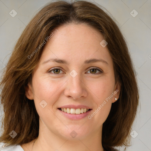 Joyful white young-adult female with medium  brown hair and green eyes