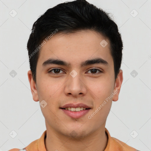 Joyful asian young-adult male with short  black hair and brown eyes