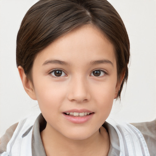 Joyful white child female with medium  brown hair and brown eyes