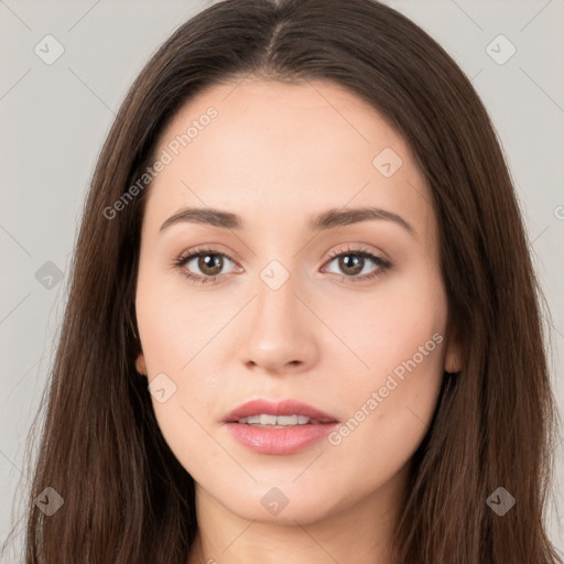 Neutral white young-adult female with long  brown hair and brown eyes