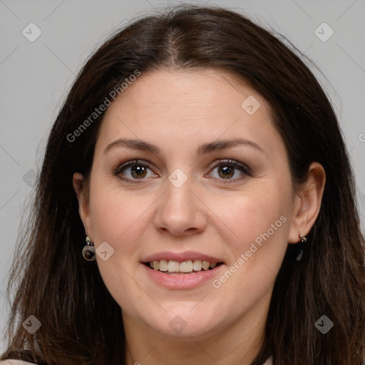 Joyful white young-adult female with long  brown hair and grey eyes