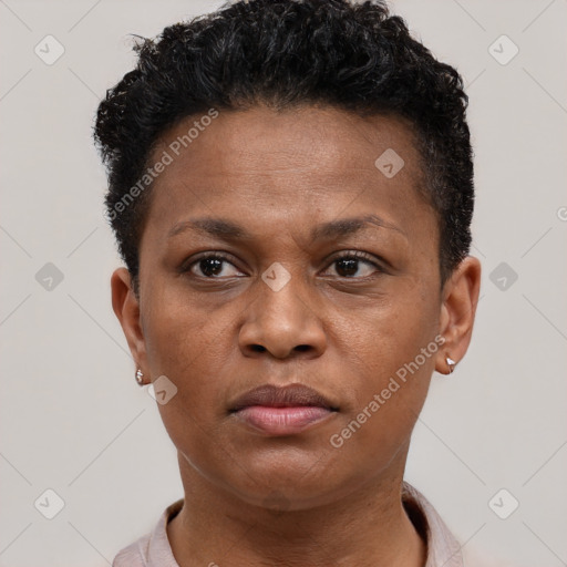 Neutral black young-adult female with short  brown hair and brown eyes