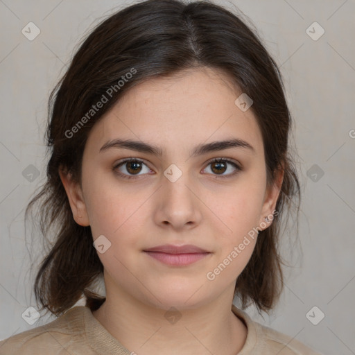 Neutral white young-adult female with medium  brown hair and brown eyes