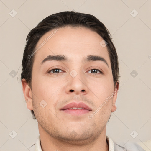 Neutral white young-adult male with short  brown hair and brown eyes