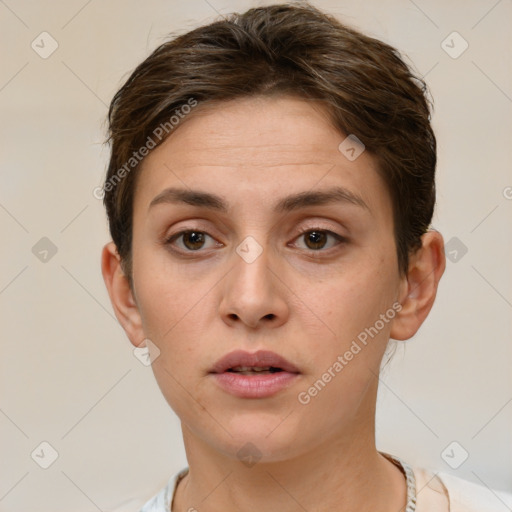 Neutral white young-adult female with short  brown hair and brown eyes