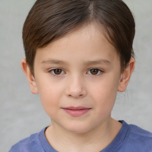 Joyful white child female with short  brown hair and brown eyes