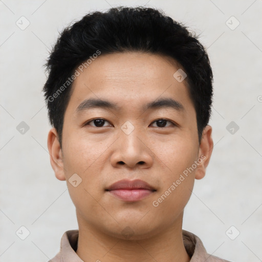 Neutral asian young-adult male with short  black hair and brown eyes