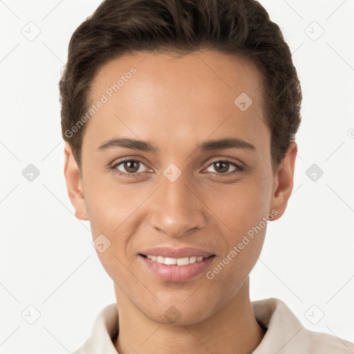 Joyful white young-adult female with short  brown hair and brown eyes