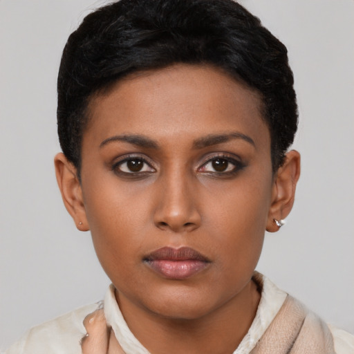 Neutral latino young-adult female with short  brown hair and brown eyes