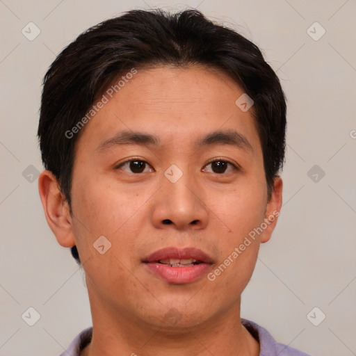 Neutral asian young-adult male with short  brown hair and brown eyes