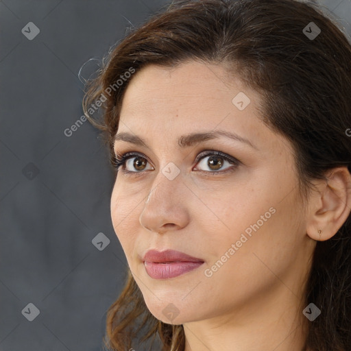 Neutral white young-adult female with medium  brown hair and brown eyes