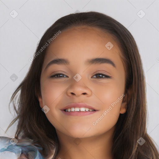 Joyful white child female with long  brown hair and brown eyes