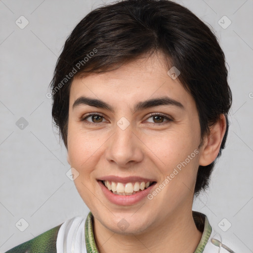 Joyful white young-adult female with medium  brown hair and brown eyes