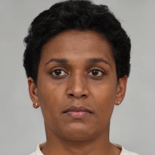 Neutral black young-adult female with short  brown hair and brown eyes