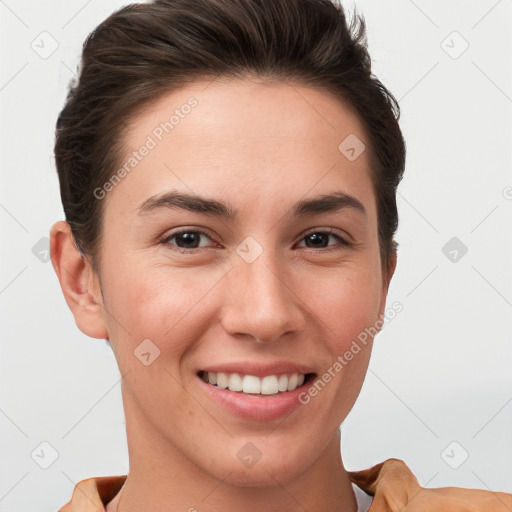 Joyful white young-adult female with short  brown hair and grey eyes