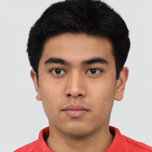 Neutral asian young-adult male with short  black hair and brown eyes
