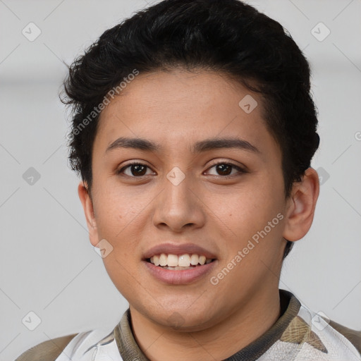 Joyful latino young-adult female with short  brown hair and brown eyes