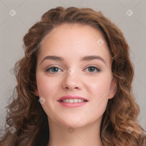 Joyful white young-adult female with long  brown hair and green eyes