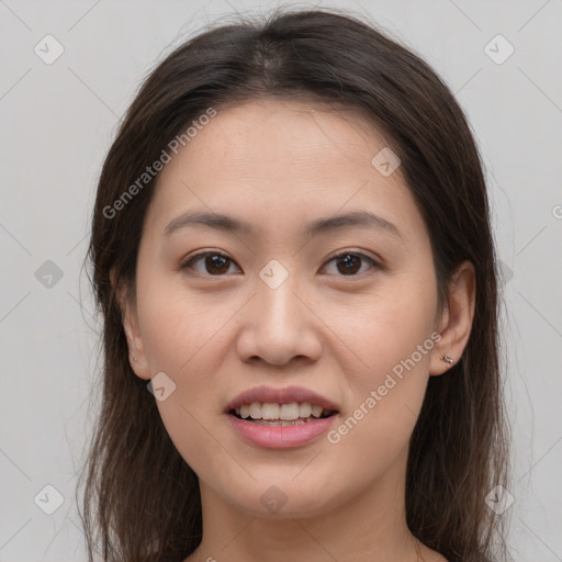 Joyful white young-adult female with medium  brown hair and brown eyes