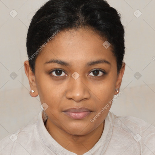 Joyful black young-adult female with short  black hair and brown eyes