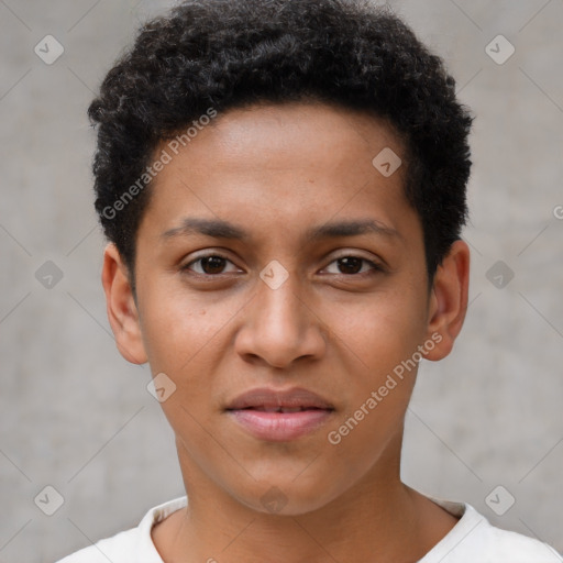 Joyful latino young-adult female with short  brown hair and brown eyes