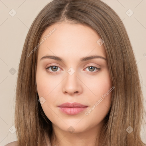 Neutral white young-adult female with long  brown hair and brown eyes