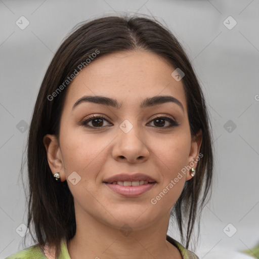 Joyful white young-adult female with medium  brown hair and brown eyes