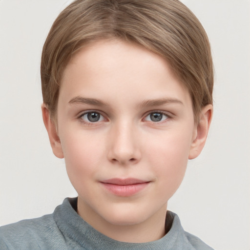 Joyful white child female with short  brown hair and grey eyes