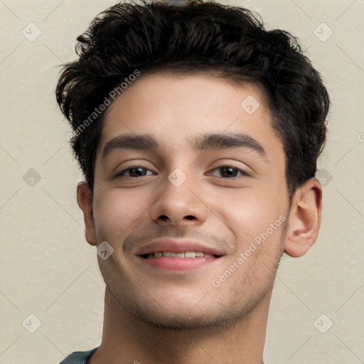 Joyful white young-adult male with short  black hair and brown eyes