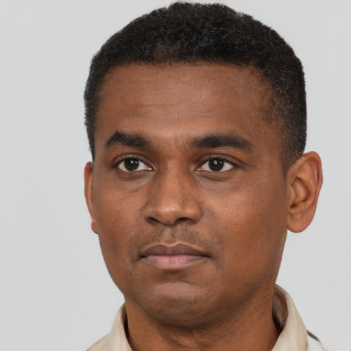 Neutral black young-adult male with short  black hair and brown eyes