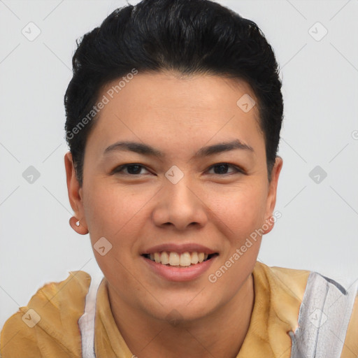 Joyful asian young-adult female with short  brown hair and brown eyes