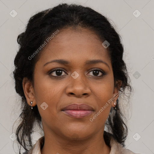 Joyful black young-adult female with medium  brown hair and brown eyes