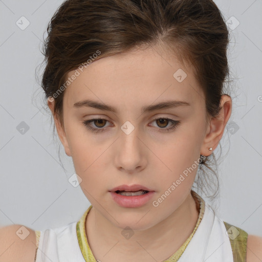 Neutral white young-adult female with short  brown hair and brown eyes