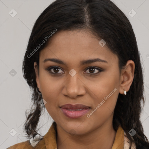 Joyful black young-adult female with medium  brown hair and brown eyes