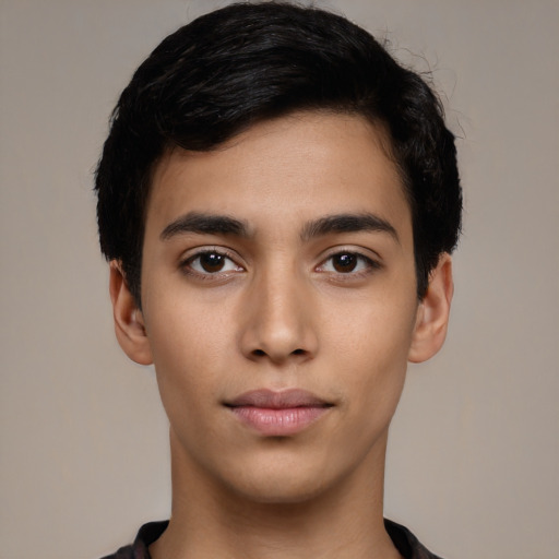 Neutral latino young-adult male with short  black hair and brown eyes