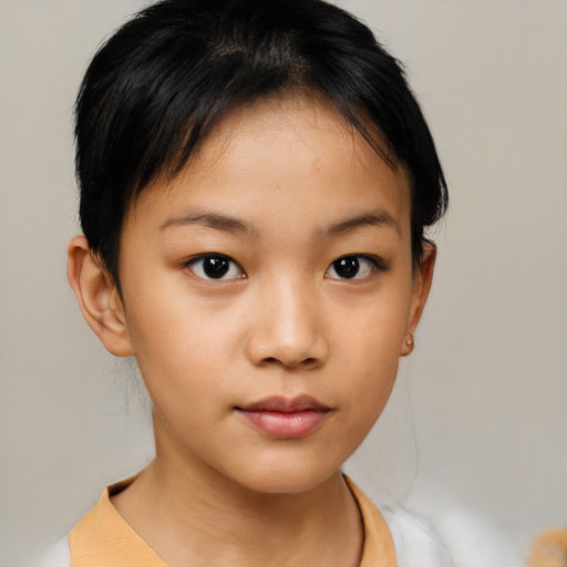 Neutral asian young-adult female with short  brown hair and brown eyes