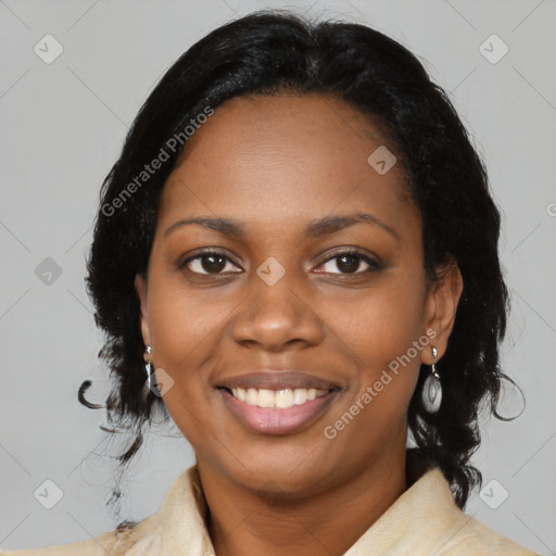 Joyful black young-adult female with medium  black hair and brown eyes