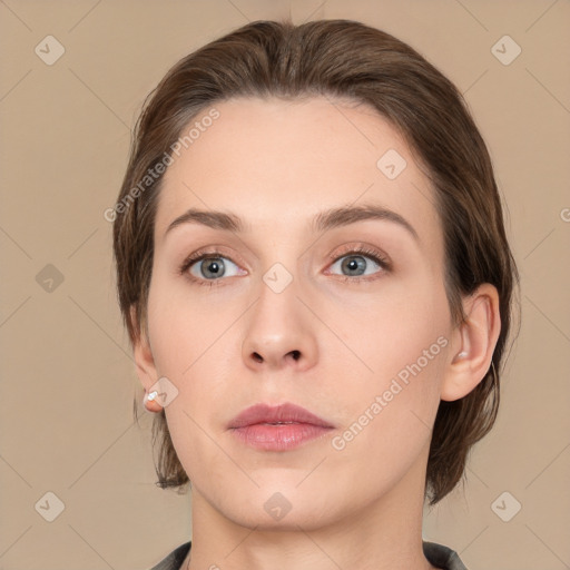 Neutral white young-adult female with medium  brown hair and brown eyes