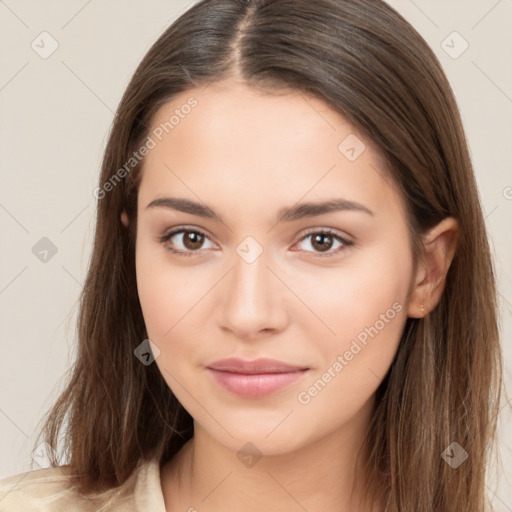 Neutral white young-adult female with long  brown hair and brown eyes