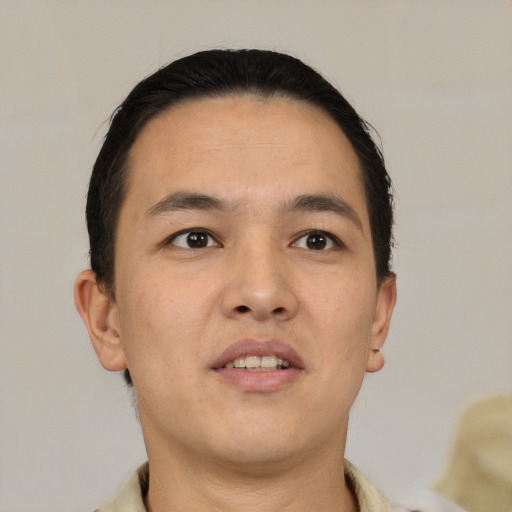 Neutral latino adult male with short  black hair and brown eyes