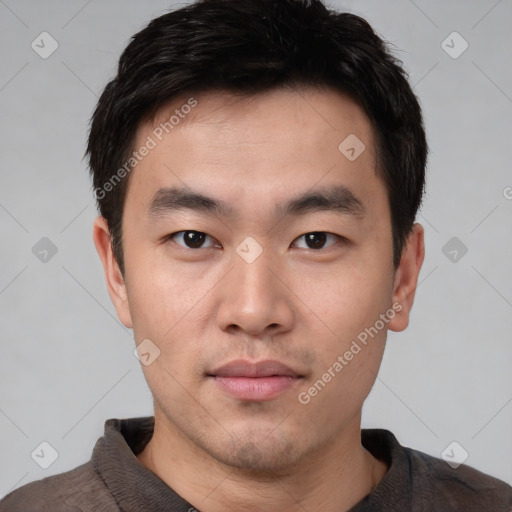 Neutral asian young-adult male with short  black hair and brown eyes