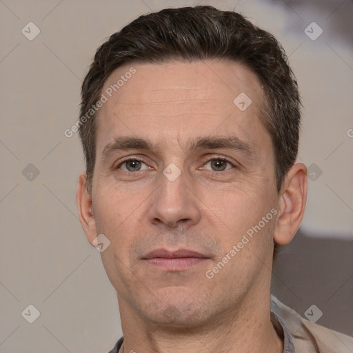 Neutral white adult male with short  brown hair and brown eyes